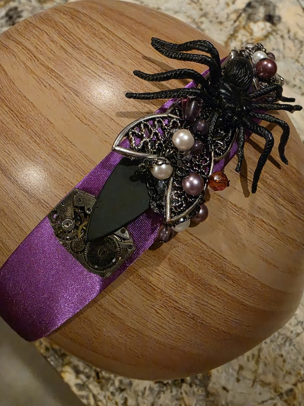 Purple Satin Headband with Decorative Spider and Bead Accents